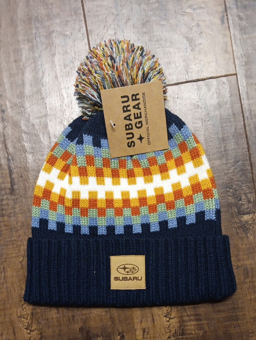 Subaru Kids Pom Beanie Hat in Navy with Multicolor Check